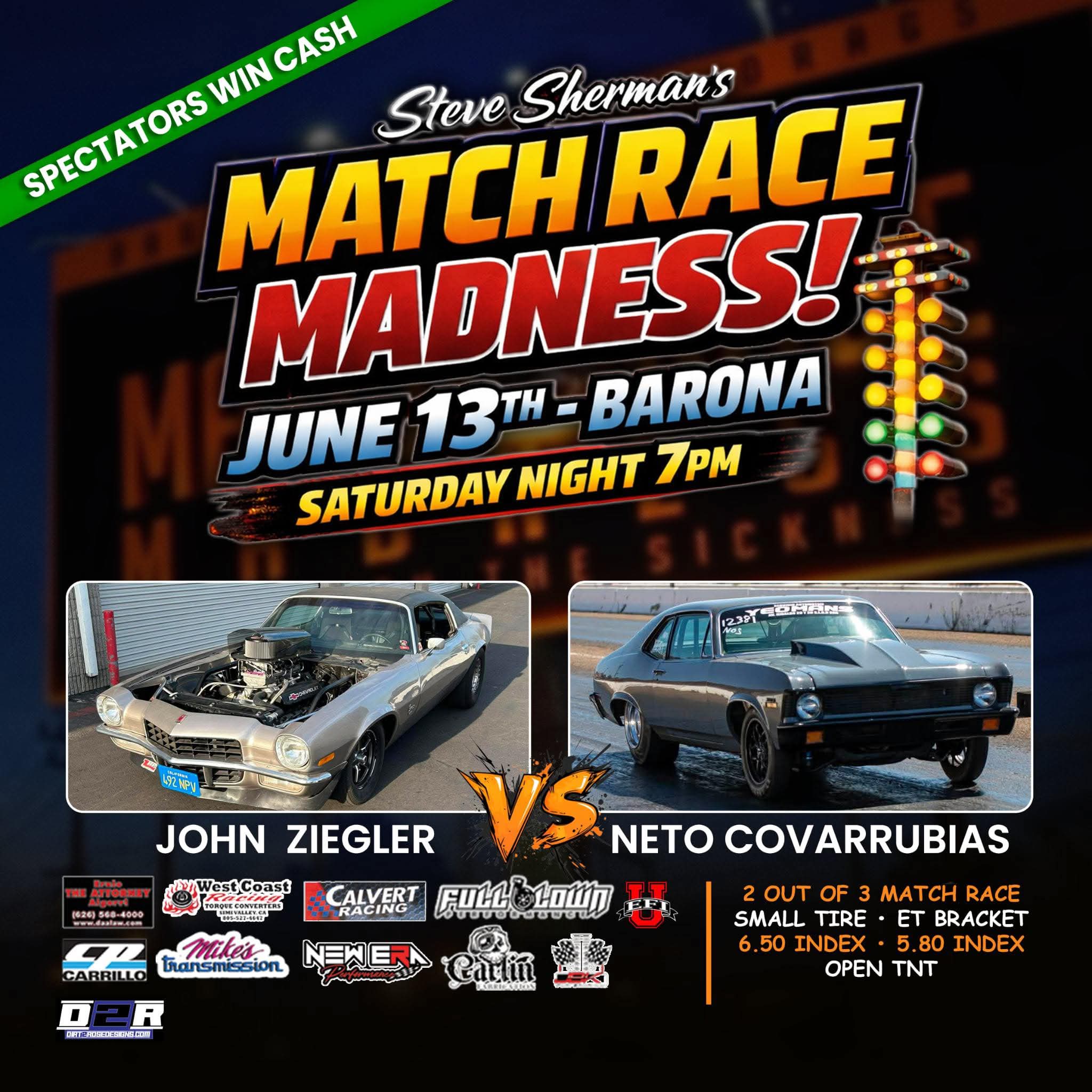 Steve Sherman's Match Race Madness flyer — Ziegler vs Covarrubias, June 13 at Barona